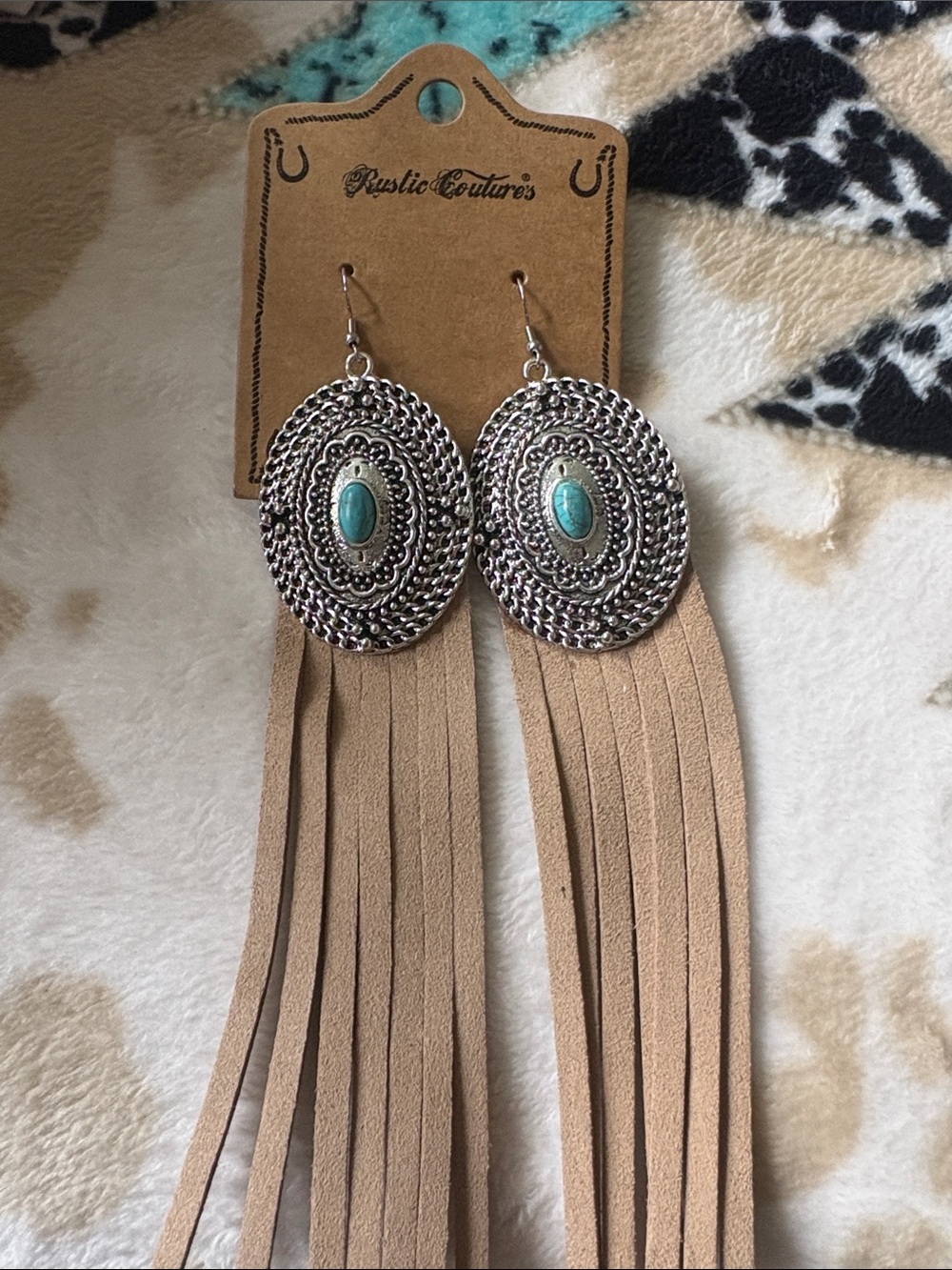 Beige Fringe Earrings with Turquoise Accent